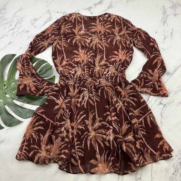 Scotch & Soda Womens Fading Roads Mini Dress Size M New Brown Palms Flutter - Picture 10 of 13